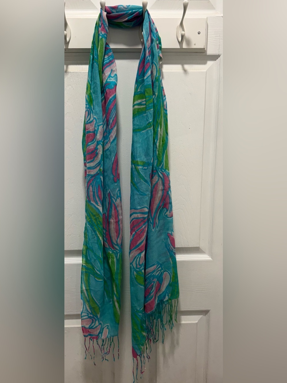 Lilly Pulitzer Blue Pink Green Floral Fringe Scarf Wrap
